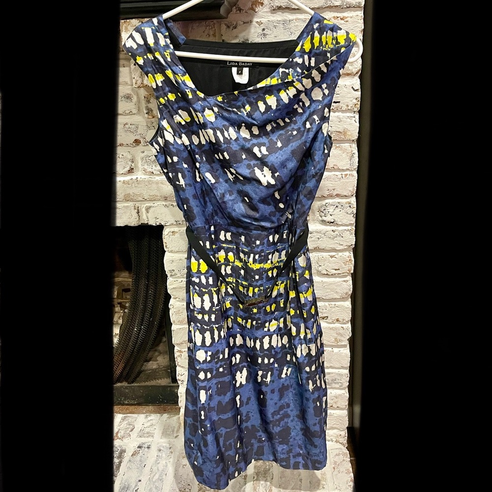 Lida Baday Navy Batik Pattern Silk Dress Belted Sz 8